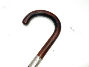 Partridge wood crook handled gentleman's stick, silver collar hallmark for london 1906. Walking sticks strong and sturdy all fitments very good, length in total 92 cm across handles 12 cm sticks diameter from the top 2 cm tapering down to ferrule 15 mm, from steel tip to top of the handle being 83 cm, offering free delivery uk reference ac16 tel: we accept online payments for all our items listed: bank transfer cash on collection personal cheques or if wishing over the phone using your debit or credit cards, also doing layby payments plan, or email giving your address details & contact number and we shall send you your items invoice to make