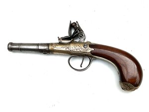 An 18th Century Flintlock Queen Anne-type Greatcoat Pistol By I Parr, London.