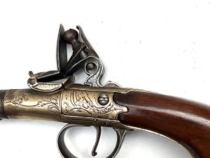 An 18th century flintlock queen anne-type greatcoat pistol by i parr, london with 6.5cm turn-off cannon barrel, length total 23 cm height 12 cm depth 3 cm london proof marks, signed and foliate engraved rounded box lock, walnut bag butt with brass grotesque mask pommel in excellent condition and fully working order, offering free uk delivery reference dbss tel: we accept online payments for all our items listed: bank transfer cash on collection personal cheques or if wishing over the phone using your debit or credit cards, also doing layby payments plan, or email giving your address details & contact number and we shall send you your items invoice to make –