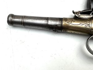 An 18th century flintlock queen anne-type greatcoat pistol by i parr, london with 6.5cm turn-off cannon barrel, length total 23 cm height 12 cm depth 3 cm london proof marks, signed and foliate engraved rounded box lock, walnut bag butt with brass grotesque mask pommel in excellent condition and fully working order, offering free uk delivery reference dbss tel: we accept online payments for all our items listed: bank transfer cash on collection personal cheques or if wishing over the phone using your debit or credit cards, also doing layby payments plan, or email giving your address details & contact number and we shall send you your items invoice to make –