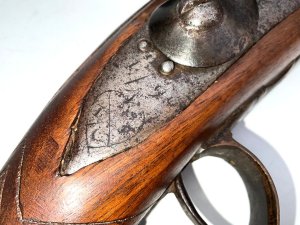 English made, the best of quality conditions superb, heavy and large in size probably coach use, the actions strong and in perfect working order, overall length of 76 cm height 15 cm diameter of barrels mouth being 5 cm, the rounded section of barrel is damascus as is the hexagon section has makers mark on back plate not sure who but has date of 1790, been in family for 200 years so it’s pristine, offering free uk delivery reference bbc4 tel: we accept online payments for all our items listed: bank transfer cash on collection personal cheques or if wishing over the phone using your debit or credit cards, also doing layby payments plan, or email giving your address details & contact number and we shall send you your items invoice to make