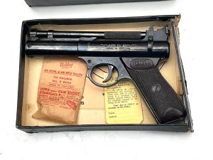 Pistol comes in good shape and fully working not the most rare paper bag of original webley pellets that’s never been opened, early numbers box has side needing sticking back otherwise good, offering free delivery uk reference dbss tel: international tel: we accept online payments for all our items listed: bank transfer cash on collection personal cheques or if wishing over the phone using your debit or credit cards, also doing layby payments plan, or email giving your address details & contact number and we shall send you your items invoice to make