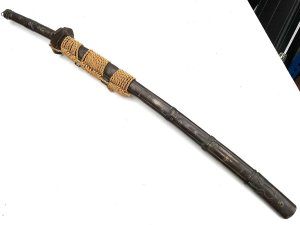 Unsigned longsword big wide and powerful blade has torizori shallow curve lots of niko in old polish couple of small flaws on back plane of blade. Mounts kosherae are meiji period quality fittings covered in tokugawa rulers of japan with family mon badges, a very impressive tachi with early koto blade in superb japanese polish, length in total 116 cm width 9 cm height 9 cm,
