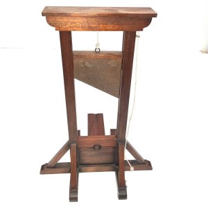 Miniature madame guillotine used primarily for cigars ends cutting, this one dates back late 19th century and the condition is very good though blades a little tarnished from little use, standing 38 cm width of 28 cm depth being 32 cm,