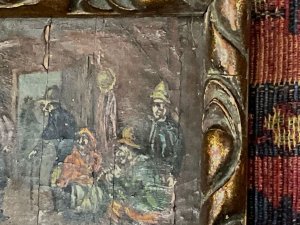 Small framed oil painting showing it’s age, has artists initials bottom right corner, painted on oak panel very old possibly early 18th century typical dutch composition, nice traditional wooden frame dark gilded gold paint, sizes are length 17 cm height 14 cm de-th being 2 cm, offering free delivery worldwide reference sb. Tel: we accept online payments for all our items listed: bank transfer cash on collection or if wishing over the phone using your debit or credit cards, also doing layby payments plan, or email giving your address details & contact number and we shall send you your items invoice to make