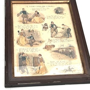 Lovely framed behind glass of six elizabethan scenes lithograph frames showing some blemishes but what a wonderful subject, sizes to include frame, height 32 cm length 23 cm depth 15 mm,