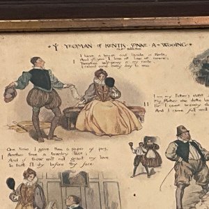 Lovely framed behind glass of six elizabethan scenes lithograph frames showing some blemishes but what a wonderful subject, sizes to include frame, height 32 cm length 23 cm depth 15 mm,