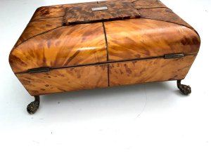 This exceptional sewing box circa 1800's with original liners and accessories, has four brass feet that are also original. The key sadly doesn't work the lock but looks nice, the boxes length is 25 cm depth of 19cm height to include feet 12 cm, offering free uk delivery reference dbss tel: we accept online payments for all our items listed: bank transfer cash on collection personal cheques or if wishing over the phone using your debit or credit cards, also doing lay by payments plan, or email giving your address details & contact number and we shall send you your items invoice to make