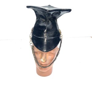 17th lancers foul weather officers lance cap, light weight black leather covered helmet having gilt metal skull side bosses holding leather backed linked gilt brass chin chain. Leather covered dome fitting to represent the rosette. Interior has the leather sweatband and crimson lining. Overall conditions quit good fantastic item from my late fathers collection,