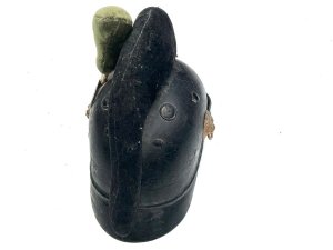 Rare early helmet. This is a 19th-century bavarian m1868 raupenhelm, a military helmet also known as a "caterpillar helmet" due to its distinctive wool crest. It was worn by bavarian jäger battalions and other mounted troops. The helmet features a leather body and a gilt "l" (ludwig) monogram on the front badge, referring to king ludwig ii of bavaria. It has an original wool "raupe" (caterpillar) crest and a leather chin strap. These helmets were in use from around 1800 to 1886, undergoing various modifications over time. Comes complete and in reasonable good condition and shape, size small to medium will make a rare edition to your collection and great future investment height 23 cm length 16 cm depth being 28 cm,
