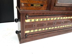 Superb burr walnut score board by the most famous of all billiards makers, overall conditions good length of 111 cm heights 86 cm depth being 22 cm note there is no ivory bits whatsoever on this,,