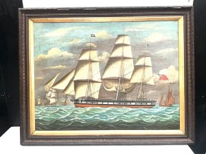 Oil on canvas of the royal navy hms swift 14-gun british royal navy sloop-of-war built in 1763, measuring 28 meters and armed with 6-pounder cannons, that sank off puerto deseado, patagonia, in march 1770. Primarily used for surveying and scouting, it was wrecked while stationed near the falkland islands, with the site discovered in 1982, this painting of oil on canvas is attributed to the artist john scott 1802-1885 the size of the pictures frames quite large being 125 cm in length height being 86 cm the canvas is in undamaged condition the frame has some blemishes of time, offering free uk delivery, reference bbb, tel: we accept online payments for all our items listed: bank transfer cash on collection or if wishing over the phone using your debit or credit cards, also doing layby payments plan, or email giving your address details & contact number and we shall send you your items invoice to make