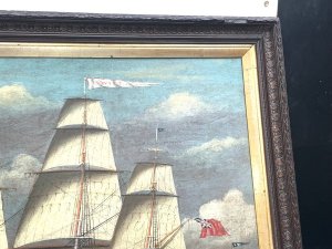 Oil on canvas of the royal navy hms swift 14-gun british royal navy sloop-of-war built in 1763, measuring 28 meters and armed with 6-pounder cannons, that sank off puerto deseado, patagonia, in march 1770. Primarily used for surveying and scouting, it was wrecked while stationed near the falkland islands, with the site discovered in 1982, this painting of oil on canvas is attributed to the artist john scott 1802-1885 the size of the pictures frames quite large being 125 cm in length height being 86 cm the canvas is in undamaged condition the frame has some blemishes of time, offering free uk delivery, reference bbb, tel: we accept online payments for all our items listed: bank transfer cash on collection or if wishing over the phone using your debit or credit cards, also doing layby payments plan, or email giving your address details & contact number and we shall send you your items invoice to make