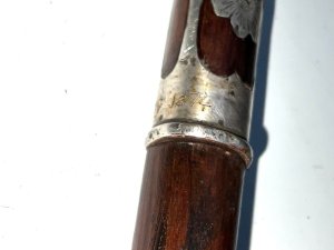 Rosewood with silver inlaid crooked handle with the name of brigg engraved at silvers rim dated 1874, good high tension steel blade in tarnished but very good condition all in good condition, total length of 89 cm length across crooks handle is 12 cm, stick diameter from handle 2 cm tapering down to the ferrule being 1.5 cm, from steel tip to top of the handle 82 cm, offering free delivery uk reference ac24.m tel: we accept online payments for all our items listed: bank transfer cash on collection or if wishing over the phone using your debit or credit cards, also doing layby payments plan, or email giving your address details & contact number and we shall send you your items invoice to make