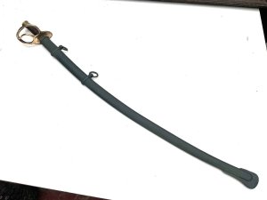 Heavy and large the only stamp that's showing is the numbers 62 on the brass guard, the blades tarnished but will clean up as no rust damages whatsoever, the wood grip is missing the wire but looks good, the scabbard is in good condition too, total length being 110 cm width across guards 10 cm and its height is 14 cm,