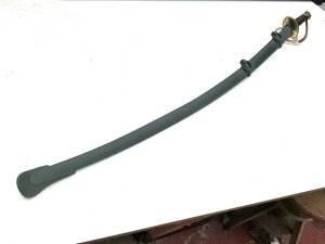 Heavy and large the only stamp that's showing is the numbers 62 on the brass guard, the blades tarnished but will clean up as no rust damages whatsoever, the wood grip is missing the wire but looks good, the scabbard is in good condition too, total length being 110 cm width across guards 10 cm and its height is 14 cm,