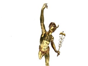 Flying messenger of the gods hermes sculpture after the famous giovanni da bologna’s famous “flying mercury”, known as hermes in greek, depicts the greek messenger of the gods as he soars through the air. The artist produced four versions of this statue. The statue offered here is the paris version. Mercury is depicted with a winged petasos hat on his head and winged sandals, both of which together give him speed in flight. In his hand he holds the caduceus, also known as the wand of hermes, the magic wand given to him by apollo, which has come to symbolise the practice of medicine. Overall condition very good being victorian hot cast bronze the gilded it has some blemishes as one expects, standing an impressive height of 80 cm length being 22 cm depth of 28 cm,