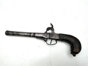 Interesting pistol, restoration project cocking needing attention guards a little bent and fowling the trigger, cocks and fires to a fashion, length of 32 cm heights 12 cm when cocked width across butts 3 cm, offering free uk delivery reference dbss.  tel: we accept online payments for all our items listed: bank transfer cash on collection  or if wishing over the phone using your debit or credit cards, also doing layby payments plan, or email giving your address details & contact number and we shall send you your items invoice to make
