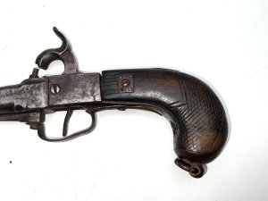 Interesting pistol, restoration project cocking needing attention guards a little bent and fowling the trigger, cocks and fires to a fashion, length of 32 cm heights 12 cm when cocked width across butts 3 cm, offering free uk delivery reference dbss.  tel: we accept online payments for all our items listed: bank transfer cash on collection  or if wishing over the phone using your debit or credit cards, also doing layby payments plan, or email giving your address details & contact number and we shall send you your items invoice to make