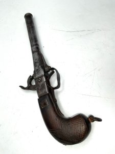 Interesting pistol, restoration project cocking needing attention guards a little bent and fowling the trigger, cocks and fires to a fashion, length of 32 cm heights 12 cm when cocked width across butts 3 cm, offering free uk delivery reference dbss.  tel: we accept online payments for all our items listed: bank transfer cash on collection  or if wishing over the phone using your debit or credit cards, also doing layby payments plan, or email giving your address details & contact number and we shall send you your items invoice to make