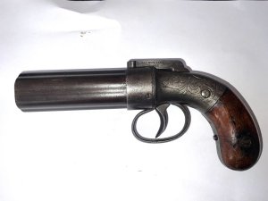 Approximately .32 caliber. Marked at the barrel ribs allen & thurber worcester " "allen & thurber worchester". Hammer marked "allen's patent mechanically sound. Light pitting to the metal components. Actions working as it should, length of 19 cm height 10 cm depth 4 cm, .32 calibre, offering free uk delivery reference dbss. Tel: we accept online payments for all our items listed: bank transfer cash on collection or if wishing over the phone using your debit or credit cards, also doing layby payments plan, or email giving your address details & contact number and we shall send you your items invoice to make