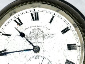 Good sized heavy quality mans pocket watch, comes in working order, will need a good clean and service, 6 cm diameter dial is good as is glass, both needing a polish and clean, the robust case is not silver hallmarked consider owner was a soldier,