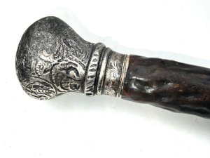 The wood of the holy tree silver topped strong and sturdy the tops hallmarked for 1914. The silver top has an old restoration, total length of 91 cm tops diameter 5 cm sticks diameter from silver tops 3 cm tapering down to ferrule 2 cm, from the steel tip to the top of the silver tops 85 cm, offering free uk delivery reference ak2 tel: we accept online payments for all our items listed: bank transfer cash on collection or if wishing over the phone using your debit or credit cards, also doing layby payments plan, or email giving your address details & contact number and we shall send you your items invoice to make
