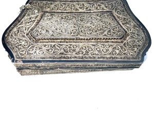 Solid silver filigree designs that are quite stunning, very heavy comes in very good condition sizes being 14 cm in length stands 10 cm high depth being 25 mm and weights 283 grams,