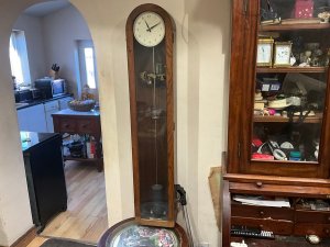 Oak cased 1930’s wall clock, electric driven to be sold as not working as not sure if mains or battery, length of 114 cm 26 cm wide depth of 15 cm,