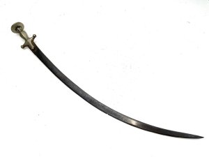 Superb solid silver tulwar, the curved blades exceptional being of the finest steel and a very fine slim blade, showing some nicks to the cutting edge as to be expected from this being used for its purpose, will make a fine wall exhibition piece, sizes are length in total 82 cm length across guards 8 cm diameter of grips pommel being 6 cm, offering free delivery uk reference dbsd3.