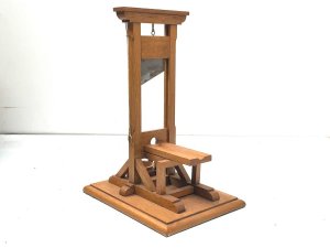 Miniature madame guillotine used primarily for cigars ends cutting, this one dates back late 19th century and the condition is very good though blades a little tarnished from little use, standing 38 cm width of 28 cm depth being 32 cm,
