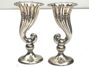 Nicely decorated pair, both have some dings of time but still very presentable hallmarked for 1908 chester stands 19 cm high diameter at top of 10 cm approximately bases diameter 8 cm, they weigh over 700 grams the bases are filled to give firm base they do lend themselves as spoon warmers as very large and impressive table ware, we post worldwide, ask for your quote, reference frc tel: we accept online payments for all our items listed: bank transfer cash on collection or if wishing over the phone using your debit or credit cards, also doing layby payments plan, or email giving your address details & contact number and we shall send you your items invoice to make
