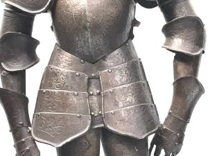 An impressive early 19th half sized suit of armour in the 16th century style, the helmet is adjustable, the suit of armour has detailed engraving throughout and includes coat of arms on the armour, supported on a moulded edge wooden plinth base, all in great condition and standing 97 cm high width 40 cm depth 22 cm circa 1820. Tel: we accept online payments for all our items listed: bank transfer cash on collection or if wishing over the phone using your debit or credit cards, also doing layby payments plan, or email giving your address details & contact number and we shall send you your items invoice to make