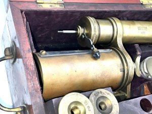 Victorian set in superb brass edges mahogany box by the firm of j hopkins & co huddersfield england. Sizes of box being length of 30 cm depth 19 cm height 14 cm no key to lock, reference dbss