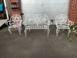 This victorian garden seating set, made from wrought iron, dates to approximately 1890. The set includes two chairs designed for outdoor use, featuring intricate scrollwork typical of the victorian style. The construction reflects the durability of wrought iron, suitable for garden environments. Needing restoration but in strong sturdy condition. Tel: we accept online payments for all our items listed: bank transfer cash on collection or if wishing over the phone using your debit or credit cards, also doing layby payments plan, or email giving your address details & contact number and we shall send you your items invoice to make
