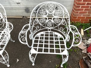 This victorian garden seating set, made from wrought iron, dates to approximately 1890. The set includes two chairs designed for outdoor use, featuring intricate scrollwork typical of the victorian style. The construction reflects the durability of wrought iron, suitable for garden environments. Needing restoration but in strong sturdy condition. Tel: we accept online payments for all our items listed: bank transfer cash on collection or if wishing over the phone using your debit or credit cards, also doing layby payments plan, or email giving your address details & contact number and we shall send you your items invoice to make