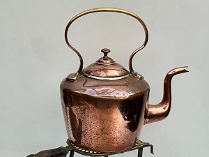 Gr111 2 gallon kettle holds water still has old repair see pictures comes with its original trivet make anyone's inglenook fire place stand out, reference dbgs tel: we accept online payments for all our items listed: bank transfer cash on collection or if wishing over the phone using your debit or credit cards, also doing layby payments plan, or email giving your address details & contact number and we shall send you your items invoice to make