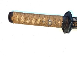Good sword tang not signed blades in reasonable good polish,  tsuba unusual beaten edge shape saya beautiful lacquered design, overall the swords very good, length in total 67cm x height 7cm and the depth being 7cm. We accept online payments for all our items listed: bank transfer cash on collection or if wishing over the phone using your debit or credit cards, also doing lay-by payments plan, or email giving your address details and contact number and we shall send you your items invoice to make payment with your card.