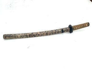 Good sword tang not signed blades in reasonable good polish,  tsuba unusual beaten edge shape saya beautiful lacquered design, overall the swords very good, length in total 67cm x height 7cm and the depth being 7cm. We accept online payments for all our items listed: bank transfer cash on collection or if wishing over the phone using your debit or credit cards, also doing lay-by payments plan, or email giving your address details and contact number and we shall send you your items invoice to make payment with your card.