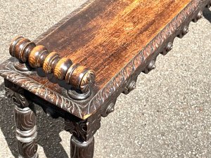 Super little bench/window seat in quality english oak superbly carved strong and sturdy condition excellent, length being 120 cm width 20 cm heights 51 cm, reference or tel: we accept online payments for all our items listed: bank transfer cash on collection or if wishing over the phone using your debit or credit cards, also doing layby payments plan, or email giving your address details & contact number and we shall send you your items invoice to make