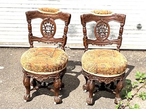 Lovely quality and unusual pair of chairs recently upholstered in pleasing tapestry design cloth, standing 80 cm 40 cm diameter seat and depth being 42 cm, reference or tel: we accept online payments for all our items listed: bank transfer cash on collection or if wishing over the phone using your debit or credit cards, also doing layby payments plan, or email giving your address details & contact number and we shall send you your items invoice to make