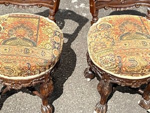 Lovely quality and unusual pair of chairs recently upholstered in pleasing tapestry design cloth, standing 80 cm 40 cm diameter seat and depth being 42 cm, reference or tel: we accept online payments for all our items listed: bank transfer cash on collection or if wishing over the phone using your debit or credit cards, also doing layby payments plan, or email giving your address details & contact number and we shall send you your items invoice to make