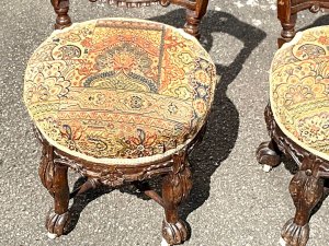 Lovely quality and unusual pair of chairs recently upholstered in pleasing tapestry design cloth, standing 80 cm 40 cm diameter seat and depth being 42 cm, reference or tel: we accept online payments for all our items listed: bank transfer cash on collection or if wishing over the phone using your debit or credit cards, also doing layby payments plan, or email giving your address details & contact number and we shall send you your items invoice to make