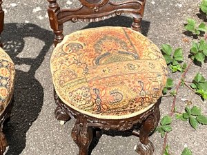 Lovely quality and unusual pair of chairs recently upholstered in pleasing tapestry design cloth, standing 80 cm 40 cm diameter seat and depth being 42 cm, reference or tel: we accept online payments for all our items listed: bank transfer cash on collection or if wishing over the phone using your debit or credit cards, also doing layby payments plan, or email giving your address details & contact number and we shall send you your items invoice to make