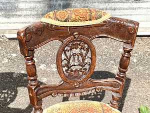 Lovely quality and unusual pair of chairs recently upholstered in pleasing tapestry design cloth, standing 80 cm 40 cm diameter seat and depth being 42 cm, reference or tel: we accept online payments for all our items listed: bank transfer cash on collection or if wishing over the phone using your debit or credit cards, also doing layby payments plan, or email giving your address details & contact number and we shall send you your items invoice to make