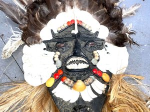 Rare wondrous mask made with coral fish teeth with bird feathers and coconut strand and comes in super condition, reference dgs tel: we accept online payments for all our items listed: bank transfer cash on collection or if wishing over the phone using your debit or credit cards, also doing layby payments plan, or email giving your address details & contact number and we shall send you your items invoice to make