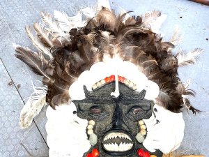Rare wondrous mask made with coral fish teeth with bird feathers and coconut strand and comes in super condition, reference dgs tel: we accept online payments for all our items listed: bank transfer cash on collection or if wishing over the phone using your debit or credit cards, also doing layby payments plan, or email giving your address details & contact number and we shall send you your items invoice to make