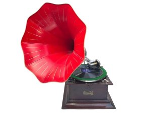 Edison bell discaphone superb mahogany cased gramophone with tin horn that’s been repainted, having a superior twin spring motor by garrard that’s in superb condition and fully working, this is quite rare and will make a great decorative and investment item, height 70 cm length 46 cm depth being 58 cm