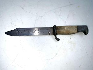 Rare unique soldiers personnel  dagger, bone handled blades engraved both sides unusual shaped blade point, similar to the youth dagger, has length of  27 cm blades length being 15 cm. Reference cc. Tel: we accept online payments for all our items listed: bank transfer cash on collection or if wishing over the phone using your debit or credit cards, also doing layby payments plan, or email giving your address details & contact number and we shall send you your items invoice to make