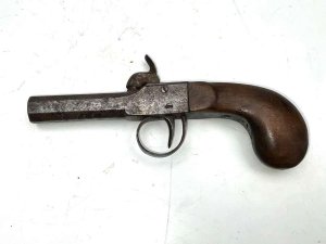 Pocket pistol in good condition and working order, length of 18cm heights 9cm depth being 2.4cm, reference dr7.  tel: we accept online payments for all our items listed: bank transfer cash on collection or if wishing over the phone using your debit or credit cards, also doing layby payments plan, or email giving your address details & contact number and we shall send you your items invoice to make